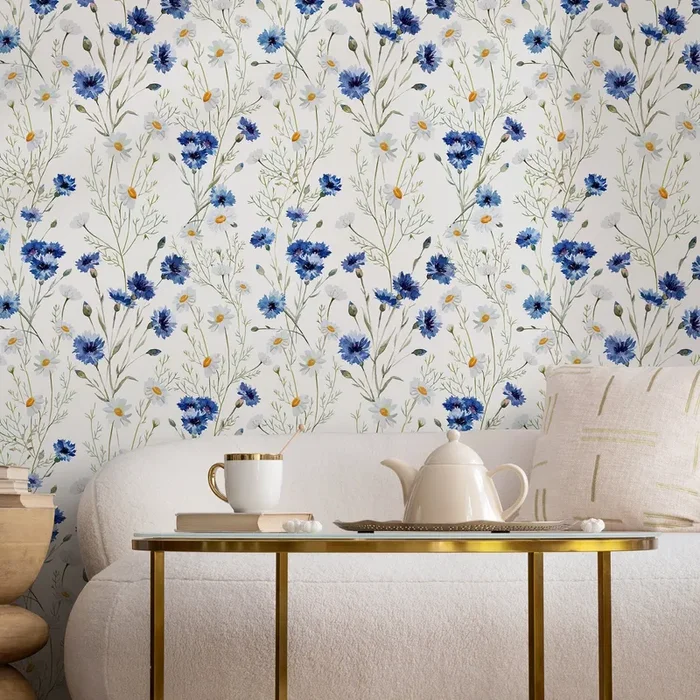 Floral Wallpaper With Cornflowers And Daisies In Blue And Green – A143