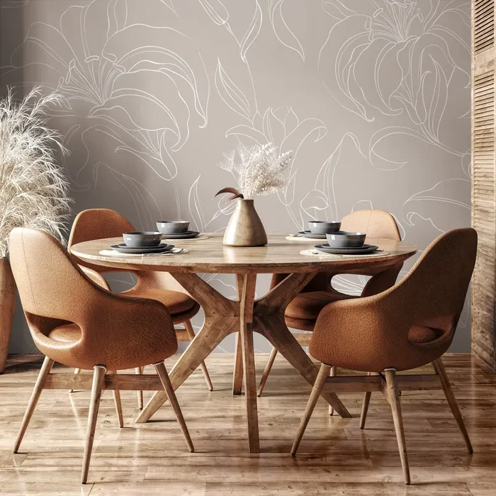 Floral Wallpaper With Elegant Lily Line Art In Beige And White – Zadq