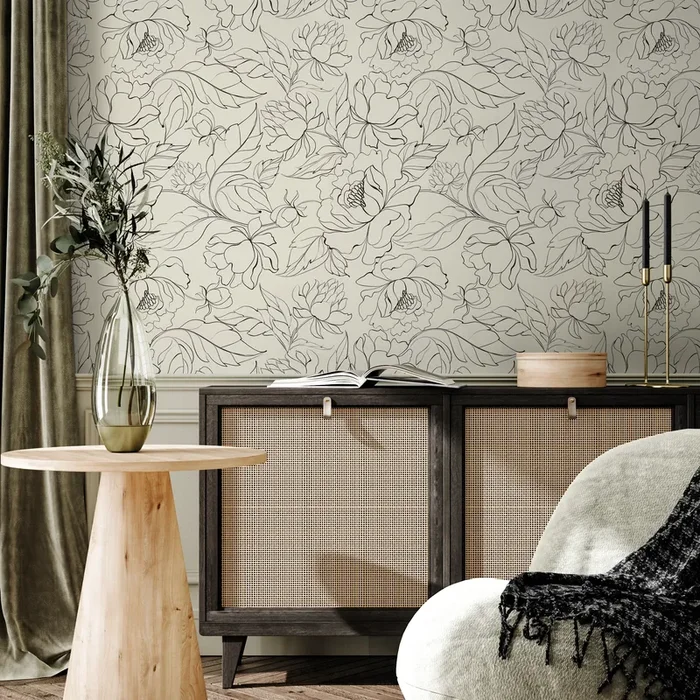 Floral Wallpaper With Elegant Peony Line Art In Black And Beige – C153