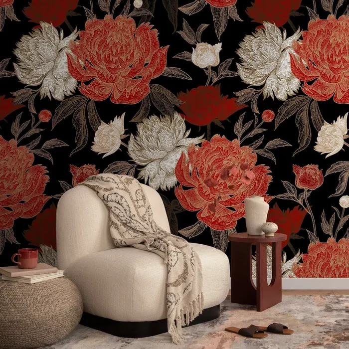 Floral Wallpaper With Engraved Peonies In Black, Red, And Gold – A702
