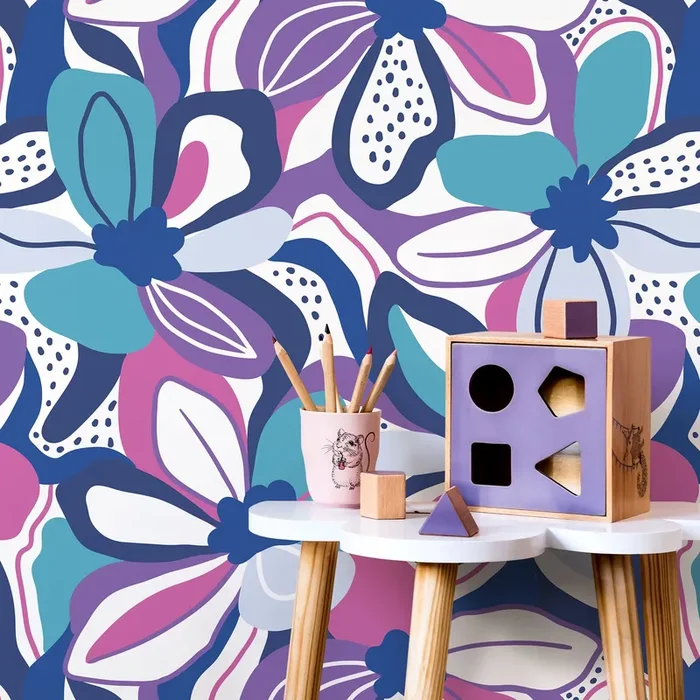 Floral Wallpaper With Graphic Blooms In Purple, Blue, And Pink – D656
