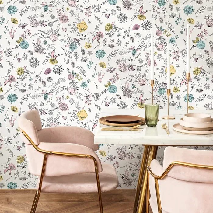 Floral Wallpaper With Hand-drawn Wildflowers In Pink, Blue, And Yellow – B467