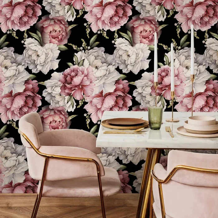 Floral Wallpaper With Large Peonies In Pink, White, And Black – B518