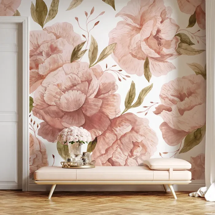 Floral Wallpaper With Large Watercolor Roses In Pink And Green – D322
