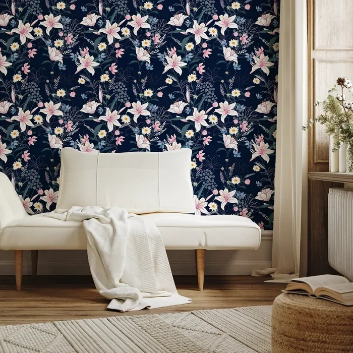 Floral Wallpaper With Lilies And Wildflowers In Navy Blue, Pink, And White – A563