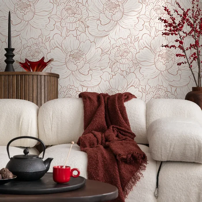 Floral Wallpaper With Minimalist Peony Outlines In Dusty Rose – C973