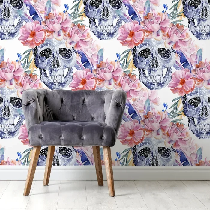 Floral Wallpaper With Ornamental Skulls In Blue, Pink, And Orange – D924
