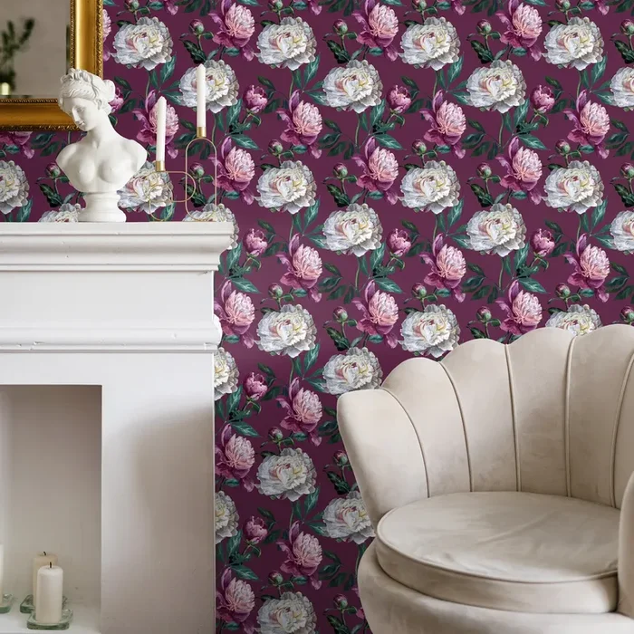 Floral Wallpaper With Painted Peonies In Purple, Pink, And White – B183