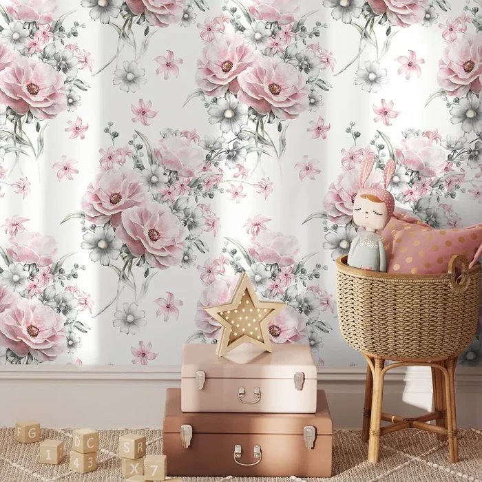 Floral Wallpaper With Painterly Peonies And Daisies In Pink And Grey – A265