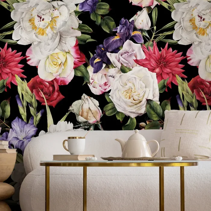 Floral Wallpaper With Peonies And Roses In White, Red, And Purple – B061