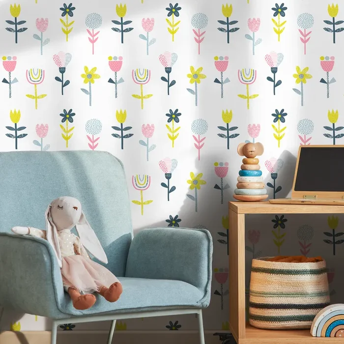 Floral Wallpaper With Scandinavian Folk Art Flowers In Pink, Yellow, And Blue – B745