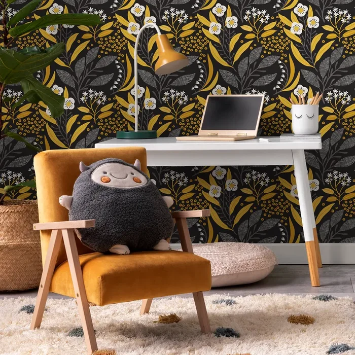 Floral Wallpaper With Stylized Leaves And Berries In Yellow, Grey, And Black – C229