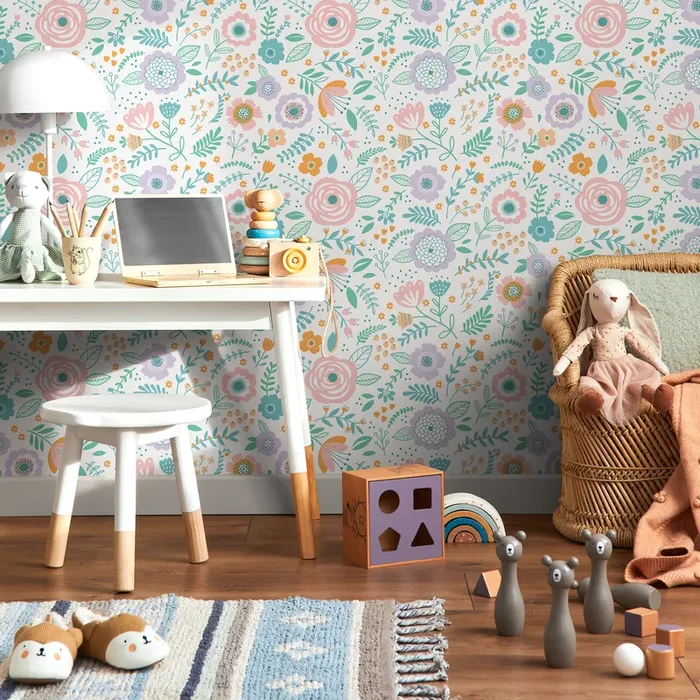 Floral Wallpaper With Stylized Meadow Flowers In Pink, Lavender, And Teal – D990