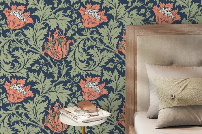 Floral Wallpaper With Stylized Tulips And Leaves In Navy, Coral, And Green – D514