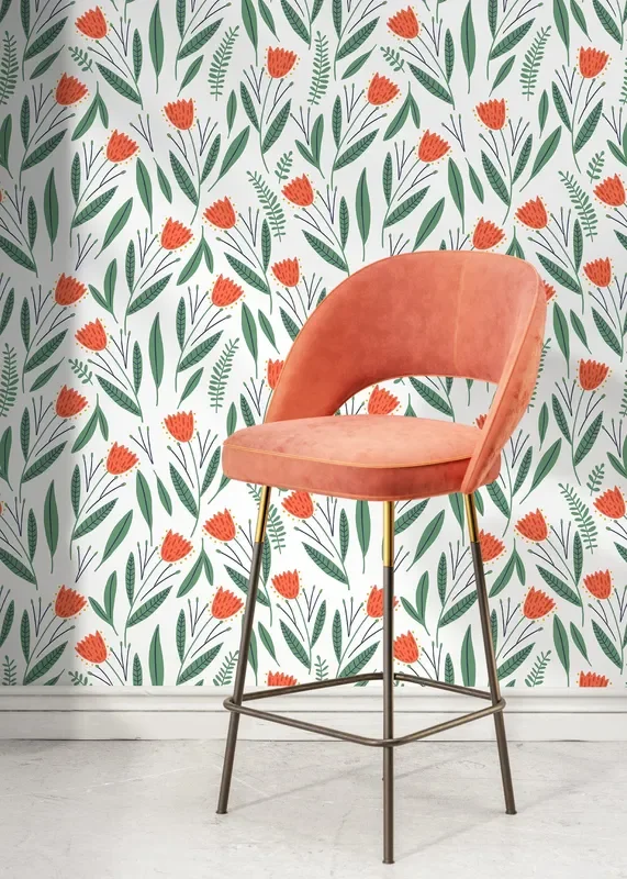 Floral Wallpaper With Stylized Tulips And Leaves In Orange And Green – D387