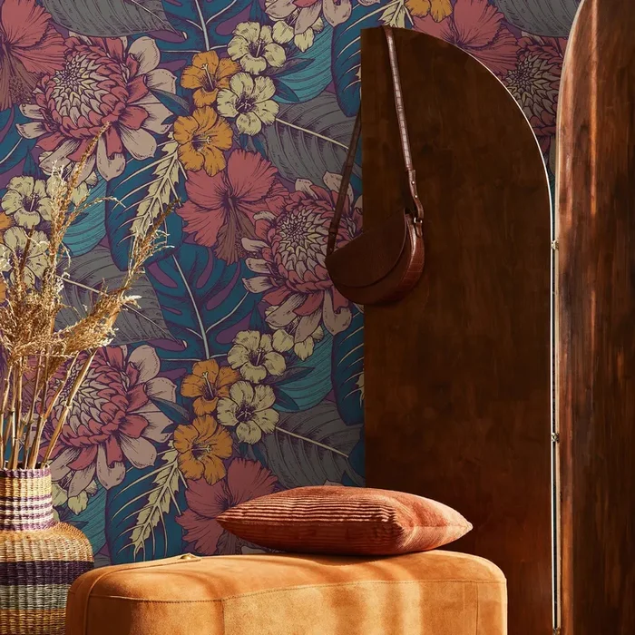 Floral Wallpaper With Tropical Blooms In Pink, Teal, And Orange – B395
