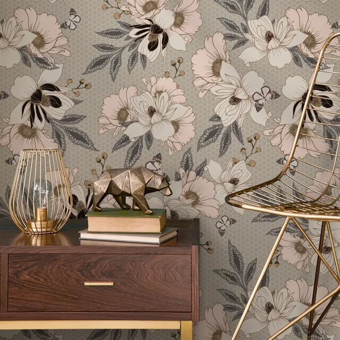Floral Wallpaper With Vintage Anemones In Pink, Black, And Grey – B300