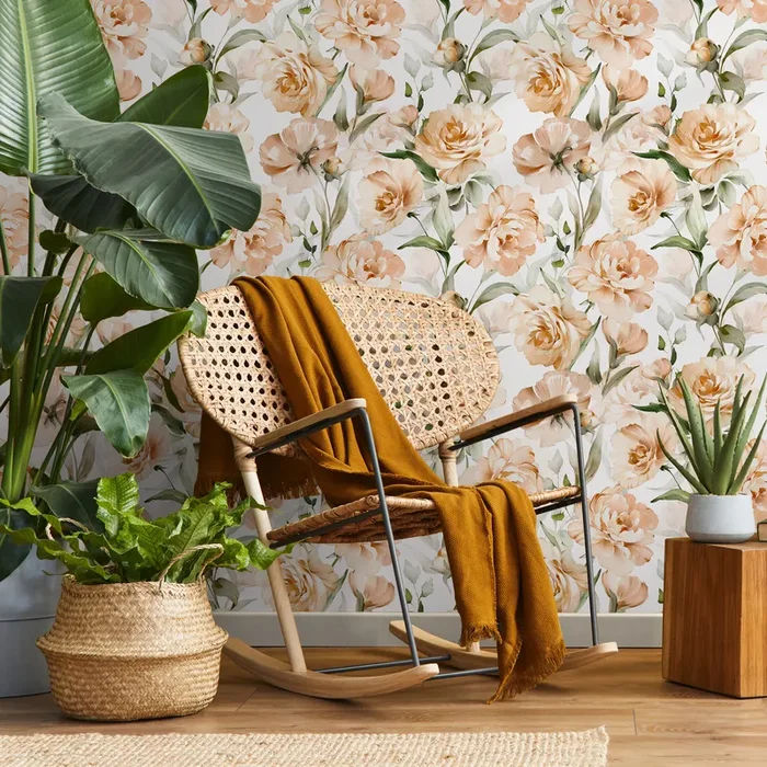 Floral Wallpaper With Watercolor Peonies In Peach And Green – C358