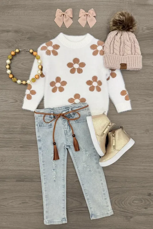 Flower Print Sweater Denim Pant Set