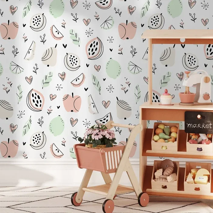 Fruit Wallpaper Featuring Hand-drawn Illustrations In Pink, Green, And Beige – A367