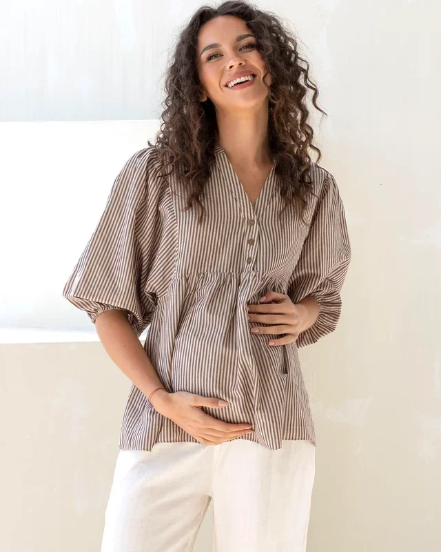 Gemma Maternity & Nursing Linen Stripe Shirt