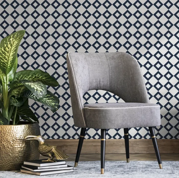 Geometric Wallpaper Featuring A Minimalist Diamond Grid In Blue And White – B107