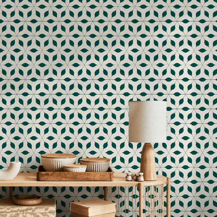 Geometric Wallpaper Featuring A Starburst Leaf Motif In Teal And Beige – B602