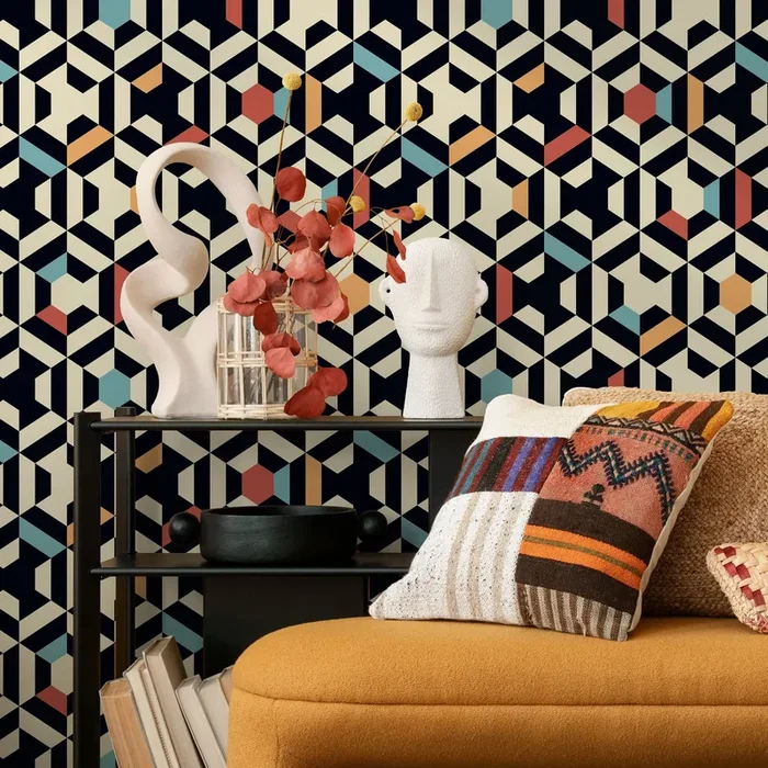 Geometric Wallpaper With A 3d Block Motif In Black, Blue, And Orange – A859