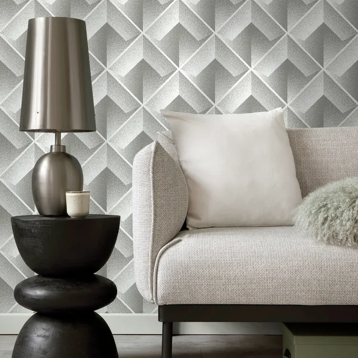Geometric Wallpaper With A 3d Stippled Cube Motif In Grey And White – C470
