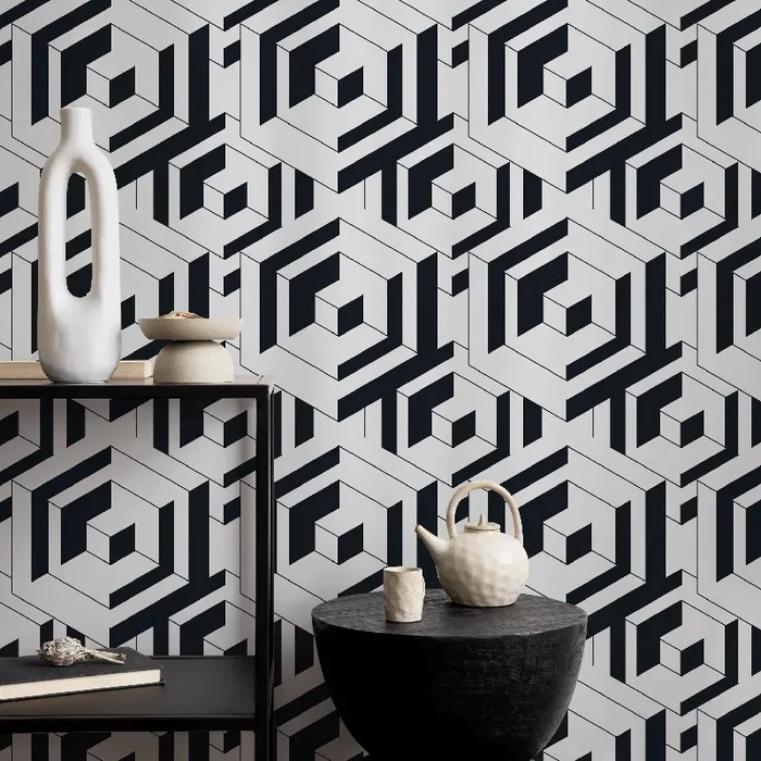Geometric Wallpaper With A Bold Labyrinth Motif In Black And White – B798