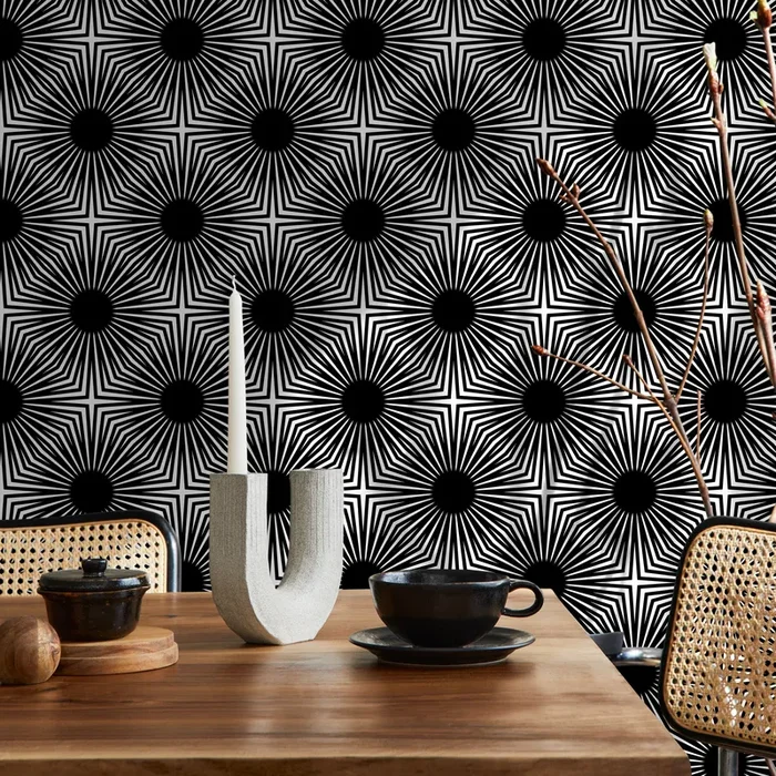 Geometric Wallpaper With A Bold Starburst Motif In Black And White – B887