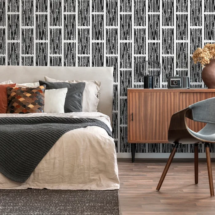 Geometric Wallpaper With A Distressed Block Print Motif In Black And White – C550