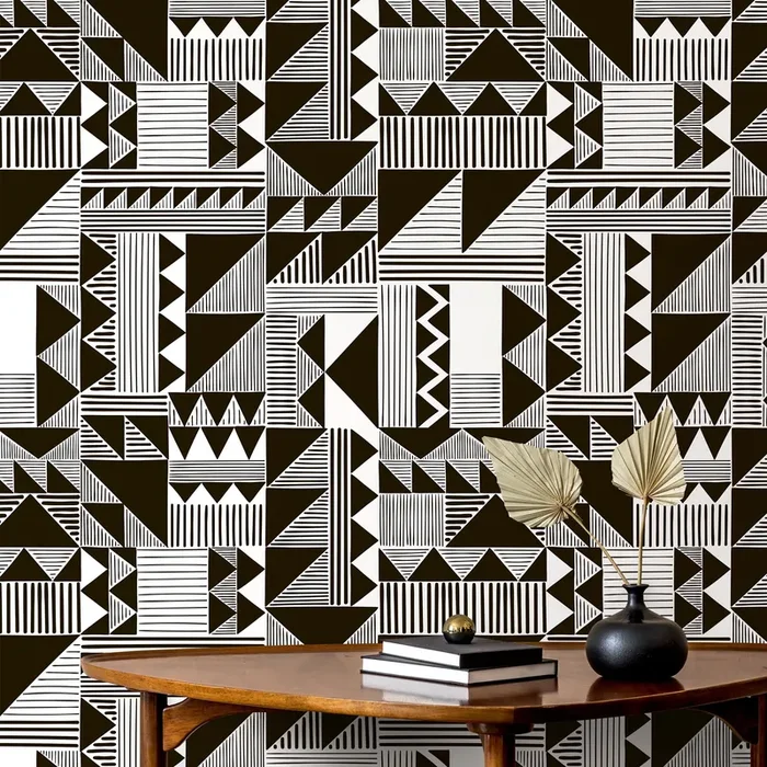 Geometric Wallpaper With A Hand-drawn Tribal Motif In Black And White – D947