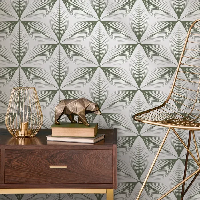 Geometric Wallpaper With A Linear Floral Motif In Green – B819