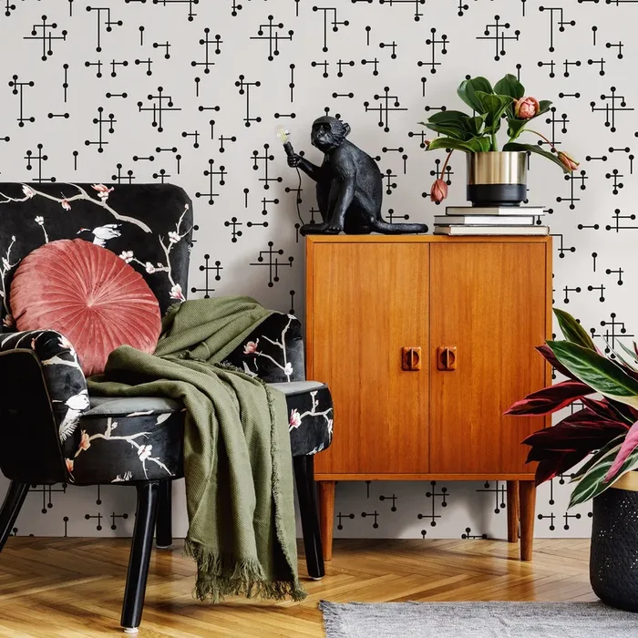 Geometric Wallpaper With A Mid-century Line And Dot Motif In Black And White – B969