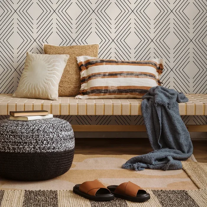 Geometric Wallpaper With A Nested Diamond Motif In Black And Beige – C734