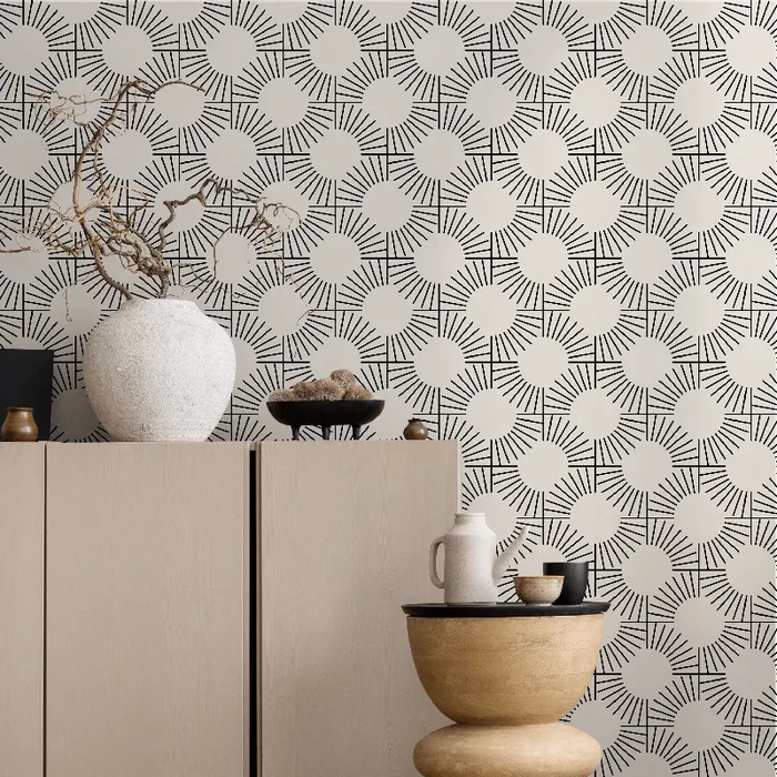 Geometric Wallpaper With A Radiating Sunburst Motif In Black And Light Beige – C379