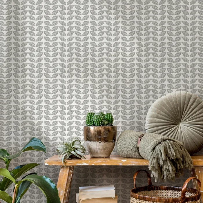 Geometric Wallpaper With A Repeating Leaf Motif In Gray – C194