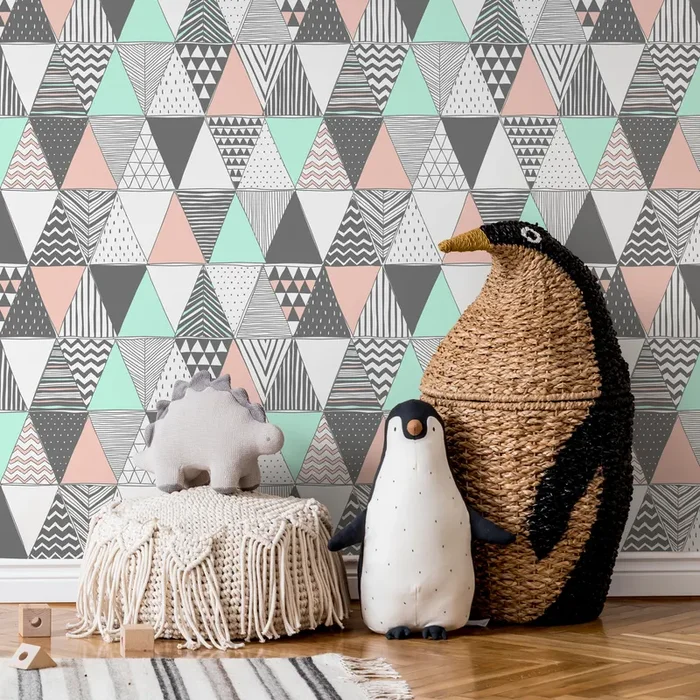 Geometric Wallpaper With A Scandinavian Triangle Pattern In Mint, Pink, And Gray – A647