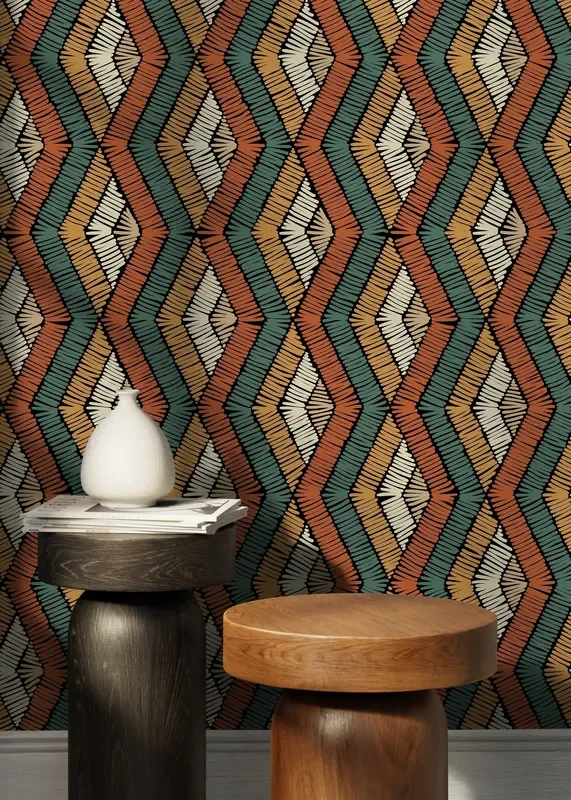 Geometric Wallpaper With A Stitched Diamond Motif In Orange, Teal, And Gold – D513