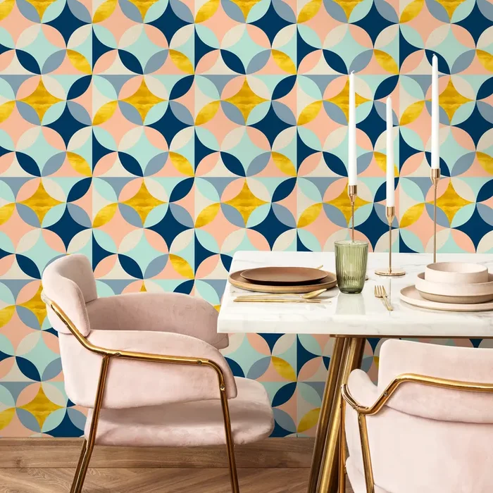 Geometric Wallpaper With A Tiled Star Motif In Blue, Gold, And Peach – B423