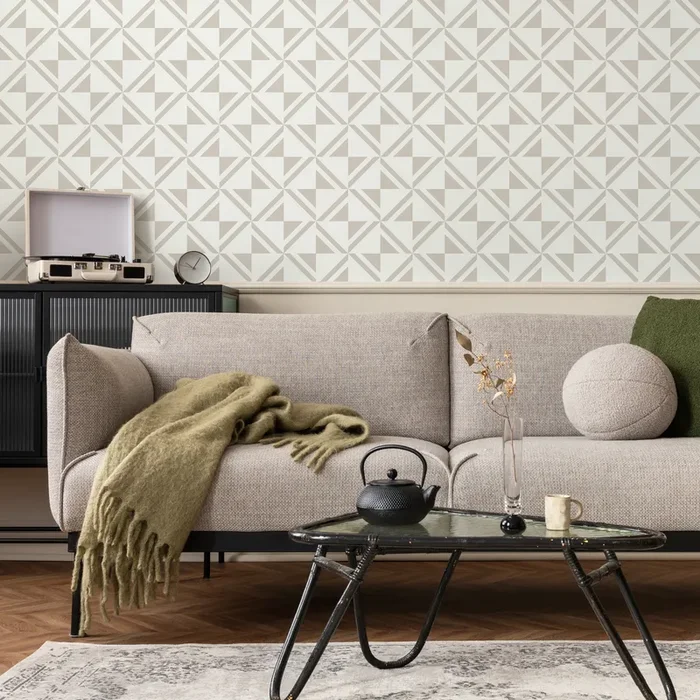 Geometric Wallpaper With A Tiled Triangle Motif In Beige – C555