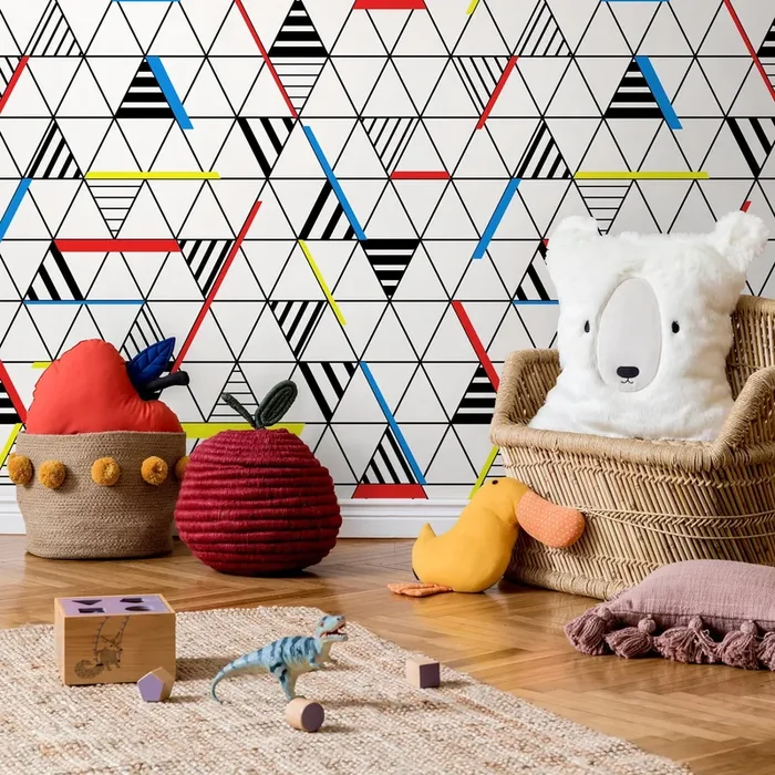 Geometric Wallpaper With A Triangle Grid In Red, Blue, And Yellow – A894