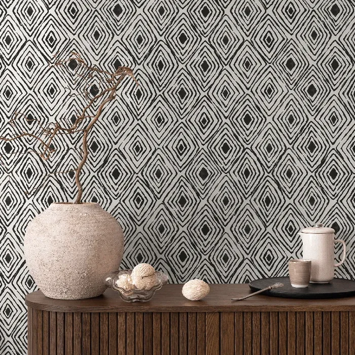 Geometric Wallpaper With A Tribal Diamond Motif In Black And White – B985