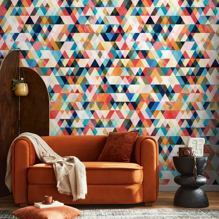 Geometric Wallpaper With A Watercolor Triangle Mosaic In Blue, Red, And Orange – A153