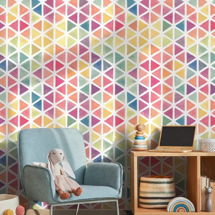 Geometric Wallpaper With A Watercolor Triangle Motif In Pink, Blue, And Yellow – A157