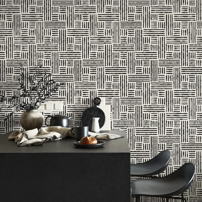 Geometric Wallpaper With A Woven Line Pattern In Black And White – B418