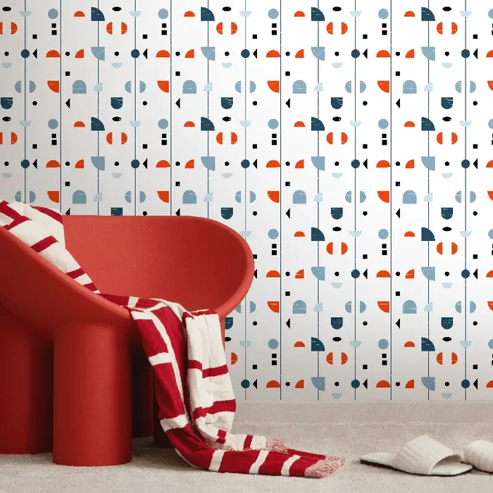 Geometric Wallpaper With Abstract Scandinavian Forms In Orange, Blue, And Black – A883