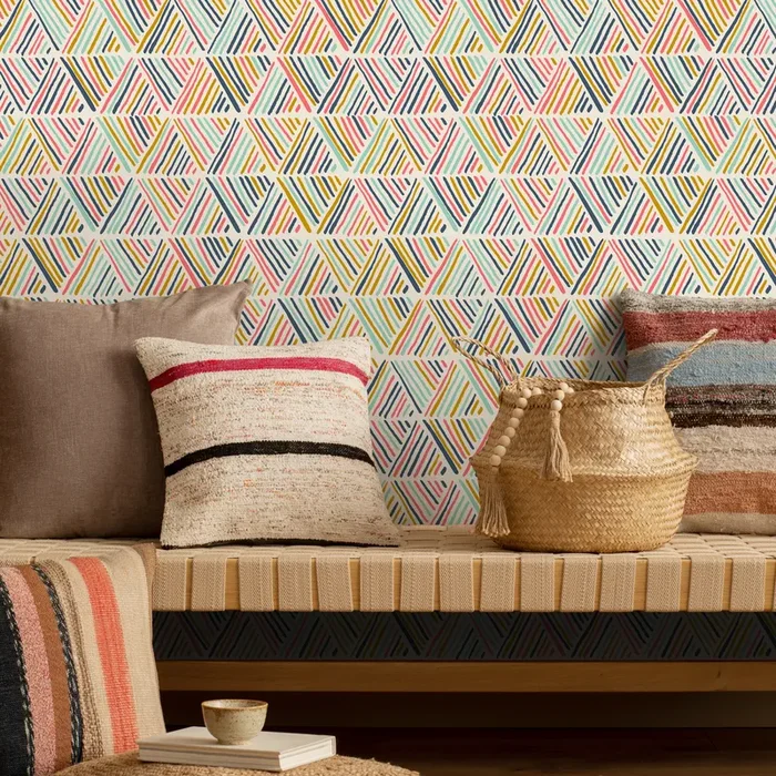Geometric Wallpaper With Abstract Striped Triangles In Pink, Blue, And Yellow – B816