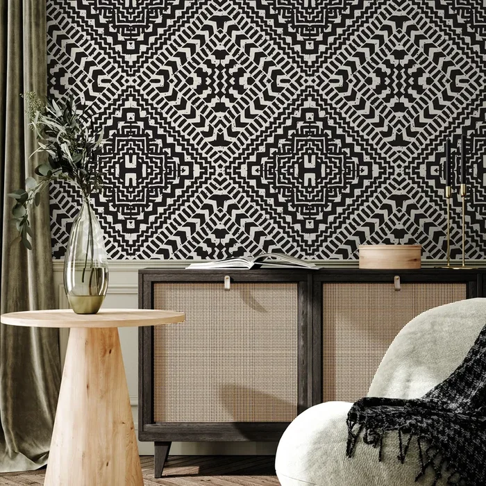 Geometric Wallpaper With An African Mudcloth Motif In Black And Cream – C377